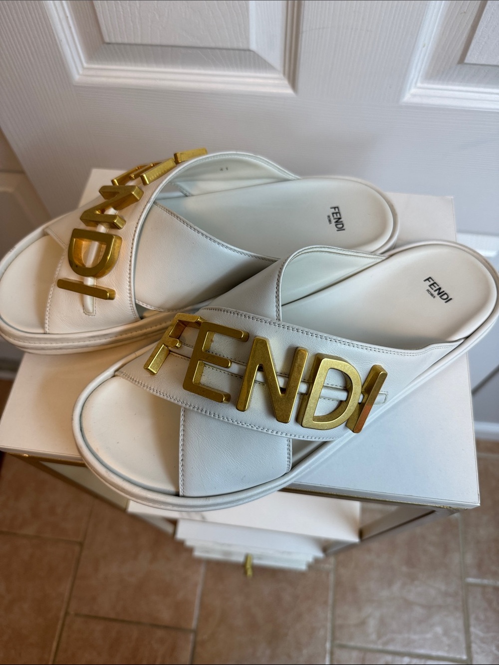 Fendi White Leather Logo Crossover Slide Sandals with Gold Hardware - Picture 2 of 9